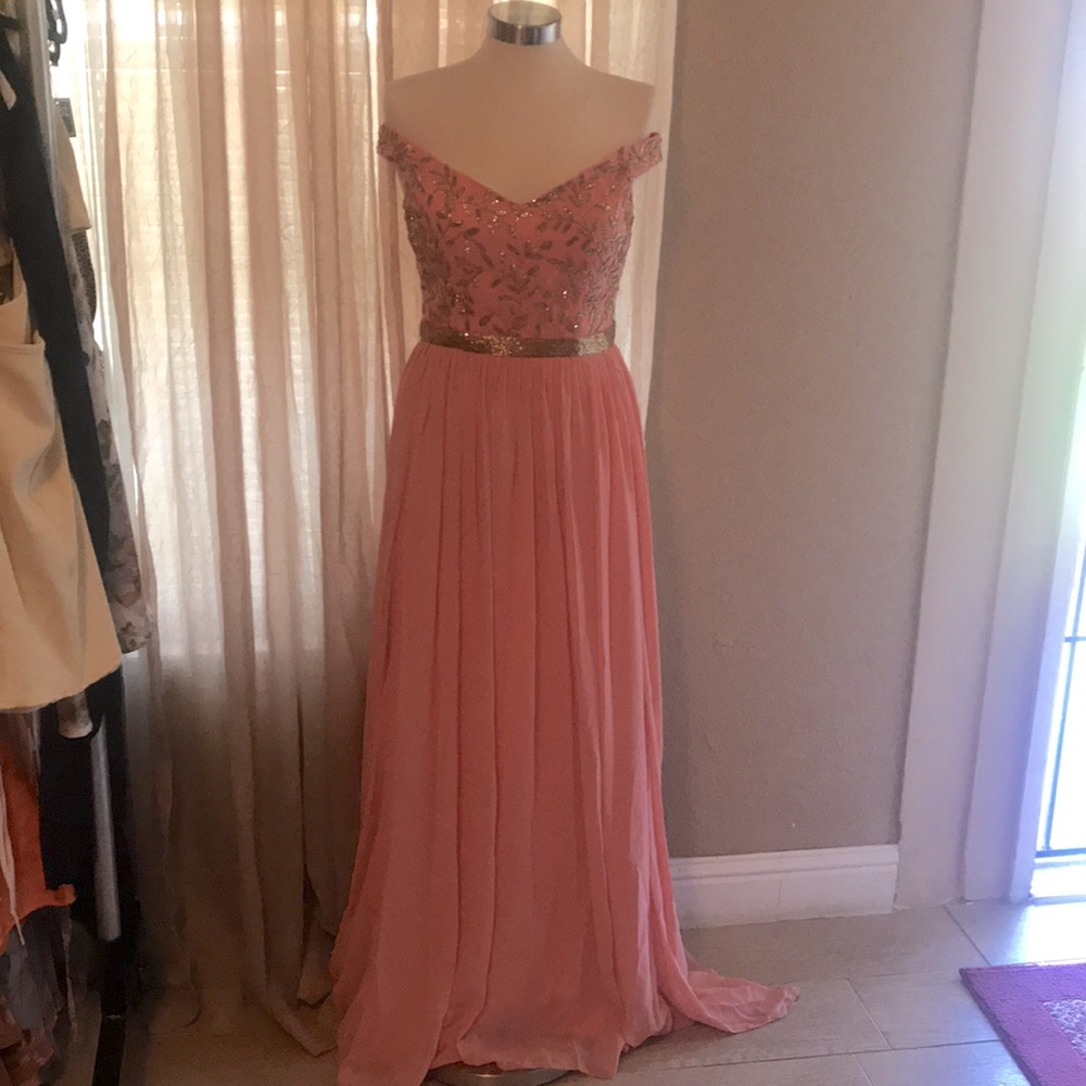 Virgos Launge off shoulder embroidered coral dress